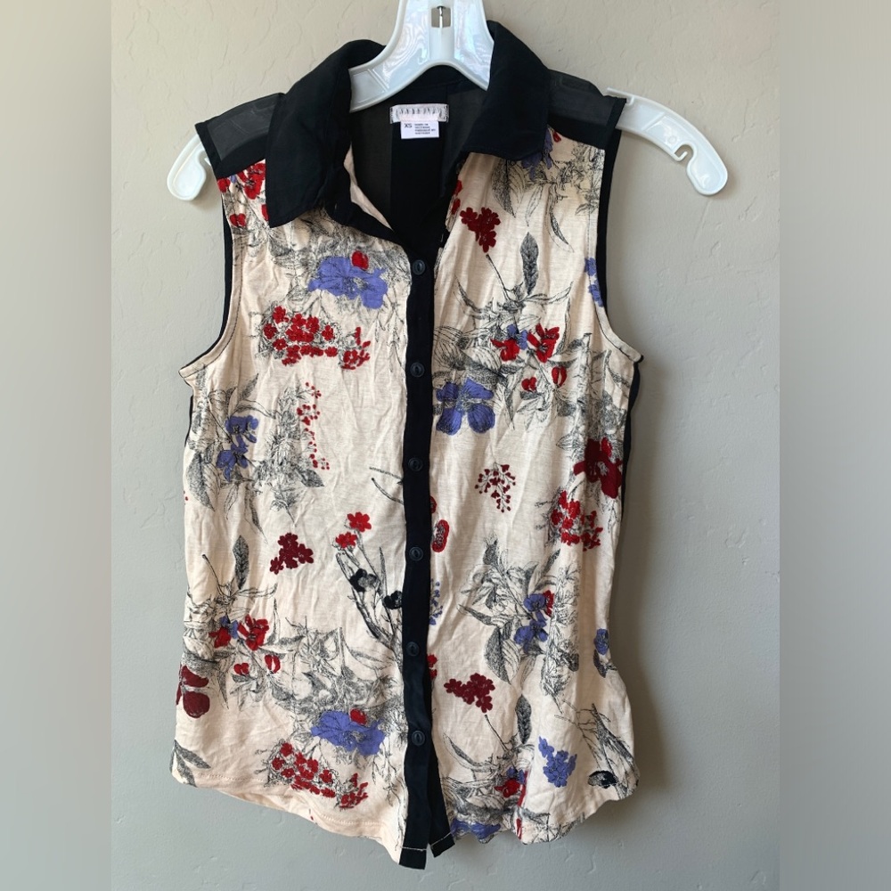 Cooperative Floral Button-Front Top – Knit Front & Sheer Black Back Size XS